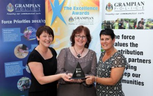 Cllr Walker presents Lorraine Warren (left), Flexible Learning Support Office, with her award as winner of the Learning category.  Also pictured is Debbie Spence (right).    